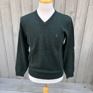 Polo Ralph Lauren Forest Green Polo Pony Logo Lambs Wool V-Neck Sweater